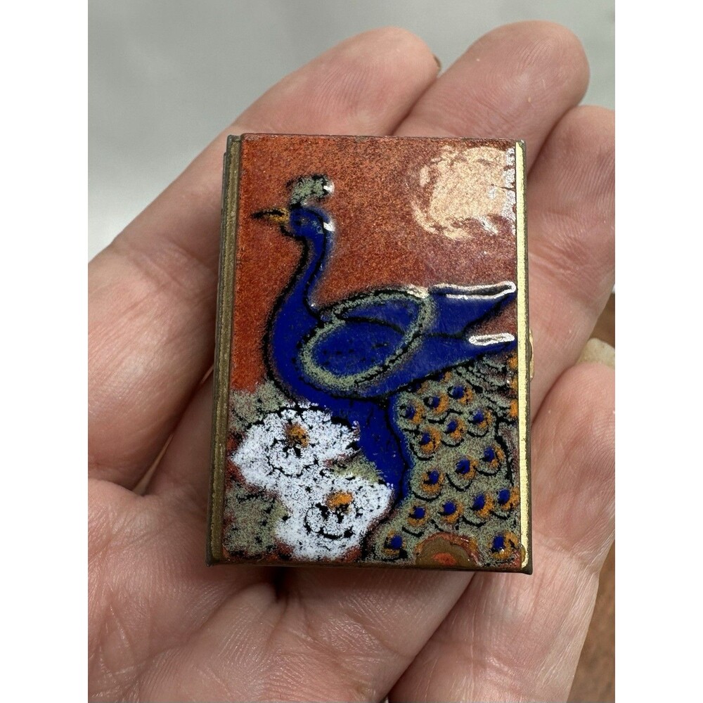 Cloisonné Enamel On Metal Peacock Vibrant Pill Box Vintage Pillbox